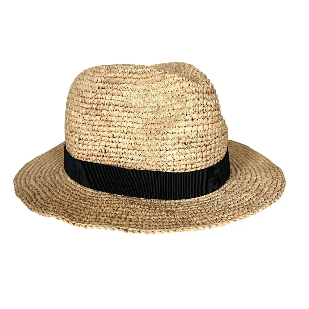 J Crew Womens Packable Straw Fedora Natural Raffia Black Band Hat S/M